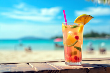 Refreshing tropical cocktail on a sunny beach with clear blue waters. Shallow depth of feld