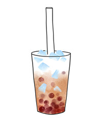 Vector hand drawn watercolor illustration of Iced Bubble Tea