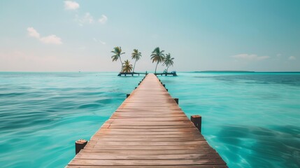 The photo shows a wooden dock extending out into a tropical ocean. On the horizon are two palm trees. The water is crystal clear and the sky is azure.