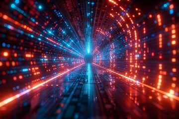 Futuristic Digital Data Tunnel with Neon Lights