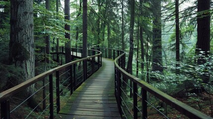 Obraz premium A wooden walkway in a forest, flanked by tall, green trees on both sides