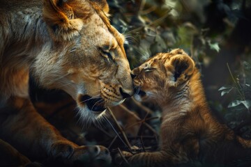 lioness playing with her cub, motherhood, caring