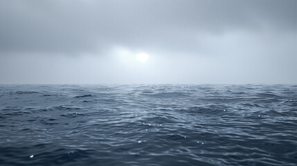 The ocean is rough and stormy, with waves crashing against the shore. The sky is dark and cloudy, adding to the ominous atmosphere. The water is choppy and turbulent, with spray