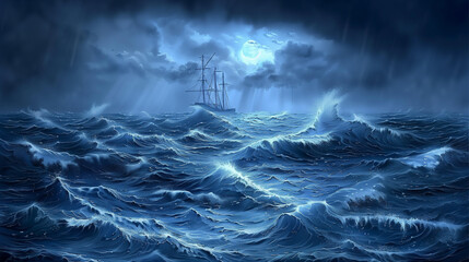 The ocean is rough and stormy, with waves crashing against the shore. The sky is dark and cloudy, adding to the ominous atmosphere. The water is choppy and turbulent, with spray