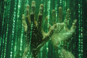 Digital Hands Reaching with Green Matrix