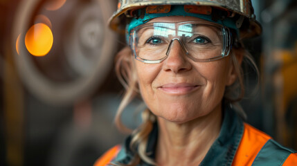 A woman wearing a yellow hard hat and safety glasses is smiling. She is wearing an orange vest and she is a construction worker. a smiling 55 year old woman construction worker, wearing an hardhat