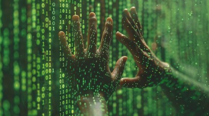 Hands Touching Digital Binary Code Screen