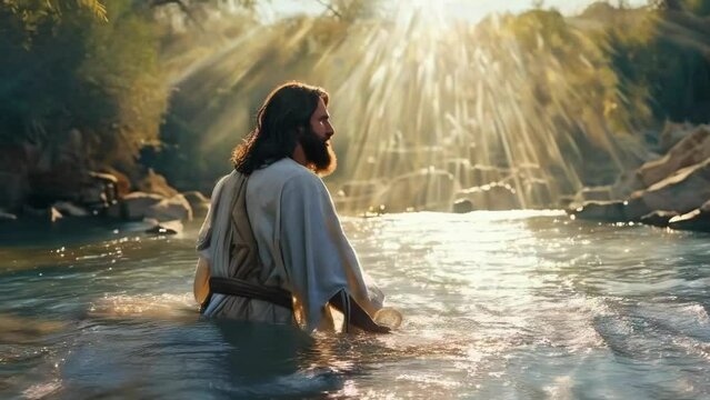 Jesus Christ baptism in jordan river in holy light rays - 4k new stock video animation footage AI