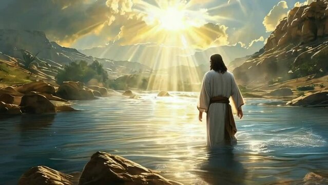 Jesus Christ baptism in jordan river in holy light rays - 4k new stock video animation footage AI