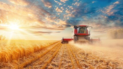 Obraz premium a combine harvester harvesting wheat on a golden autumn field, epitomizing the agricultural beauty of harvest season and the vital role of machinery in gathering grain from the land.