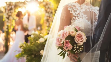 Wedding photography bride and groom at an outdoor wedding ceremony background, soft daylight, romantic style, space for text left