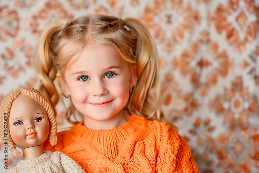 Wall mural A young girl is holding a doll and wearing an orange sweater