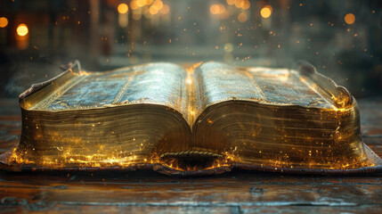 Obraz premium Bible banner featuring an ancient book, glowing with divine light, symbolizing eternal guidance and faith.