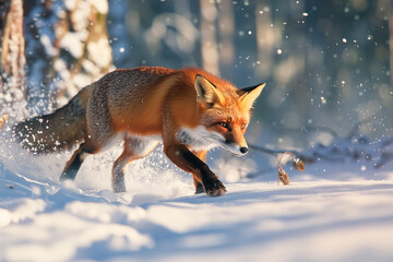 A fox is running through the snow, leaving a trail of footprints behind it