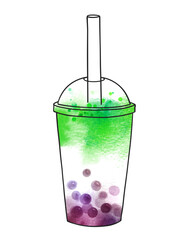 Vector hand drawn watercolor illustration of Bubble Green Tea