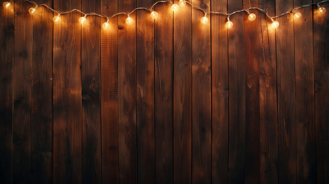Rustic charm exudes from the wooden textured background illuminated by a warm string of lights