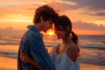 Fototapeta premium A couple is hugging on the beach at sunset