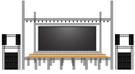 wooden stage and speaker with led screen on the truss system on the white background	