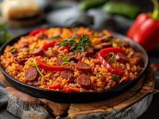 A bowl of food with red peppers and sausage. The bowl is on a wooden table. The food looks delicious and inviting