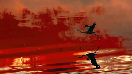 Naklejka premium Two birds soaring above a tranquil body of water against a fiery orange sky backdrop, with towering trees lining the horizon