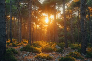 Fototapeta premium Sunlight streams through pine trees and highlights the underbrush in a serene forest setting