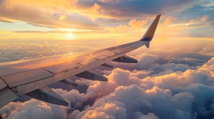 Airplane wing above the clouds at sunset.