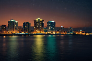 Fototapeta premium Waterfront Building Illuminated by the Sky, Exterior of Waterfront Building Under the Sky's Glow, Sky Illuminating the Outside of Waterfront Building