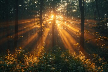 Fototapeta premium A serene forest scene with sunbeams breaking through the mist and illuminating the lush greenery