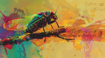 Single cicada on a branch, emitting circular sound waves with musical notes integrated