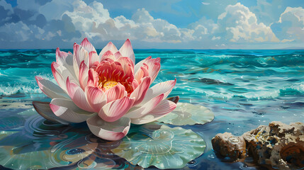 Describe a scene of spiritual beauty where a pink and white lotus rises majestically from radiant turquoise waters - Powered by Adobe