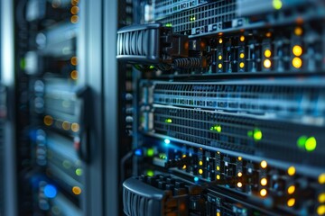 Closeup of a data center rack with led indicators flickering on network equipment