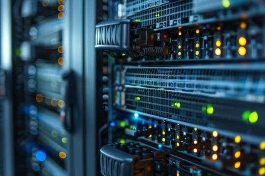 Closeup of a data center rack with led indicators flickering on network equipment