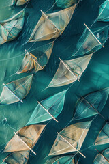 Aerial view of fishing nets arranged in a geometric pattern in shallow water. Focus on the clean lines and repetitive shapes, using a minimalist composition to highlight the orderly design. 