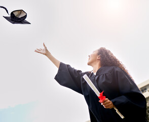 Woman, sky and graduation with hat for celebration, success and diploma for university student....