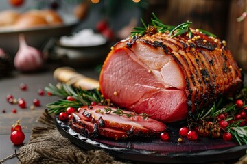 Delicious succulent herbcrusted holiday ham with festive seasoned rustic kitchen table spices and berries. Perfect for christmas or easter celebratory meal. Glazed with rosemary