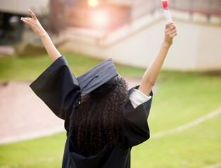 Graduation, success and student with celebration, yes and study achievement on campus for...