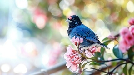 Obraz premium A blue bird perches on the tree's branch, surrounded by pink blossoms and a hazy backdrop