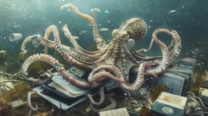Obraz premium Large octopus perched on book pile amidst sea full of small fish