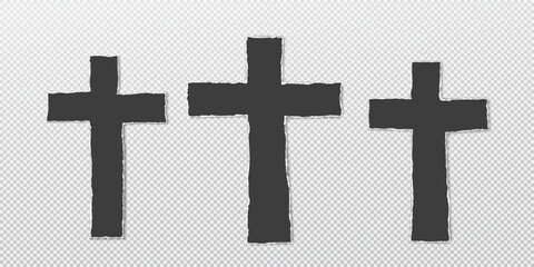 Fototapeta premium Paper cut, torn black Christian crosses are on squared background.