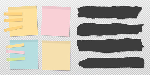 Set of torn black paper pieces, colorful notes are on white squared background for text or ad.