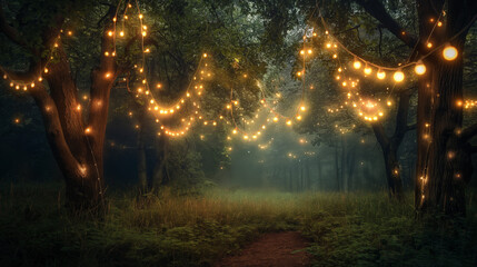 Twinkling string lights drape between trees in a forest, evoking a tranquil and mysterious mood