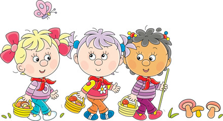 Funny little girls mushroomers walking with baskets and gathering mushrooms in a forest on a summer vacation, vector cartoon illustration on a white background