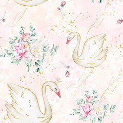 Watercolor Princess Swan seamless pattern