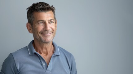 Middle aged attractive man in a casual polo shirt poses confidently with a relaxed expression and a genuine smile looking to the side