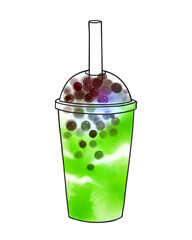 Vector hand drawn watercolor illustration of Bubble Green Tea