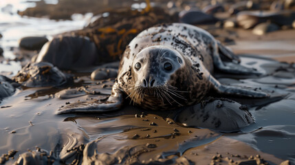 Pollution near the seashore. A seal, covered with dangerous oil waste, lies on the beach and looks fearfully at the waves