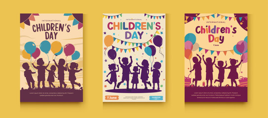 Amazing colorful poster set design for Children's Day. kids are playing in a playground. Colorful illustrations of kids' party flyers and kids' brochure designs for children's day templates.