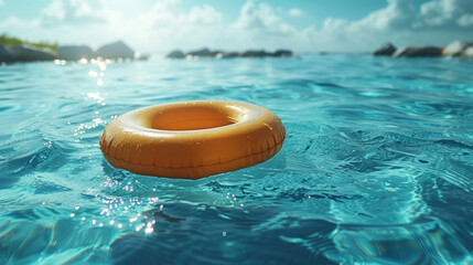 Obraz premium Vibrant yellow pool ring floating in refreshing blue water, creating a summer-themed backdrop and a sense of leisure.