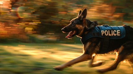 Police dog running fast with motion blur