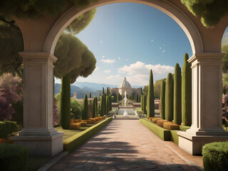 Unreal fantasy landscape with trees and flowers. Garden of Eden, exotic fairytale fantasy forest, Green oasis. Sunlight, shadows, creepers and an arch. 3D illustration